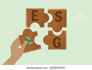 Mão completando o quebra-cabeça ESG com símbolo de reciclagem. Conceito de governação social ambiental. Ilustração do ESG	