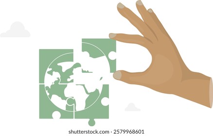 Hand Completing Global Puzzle Piece Environmental Concept. hand placing the final piece of an Earth puzzle. Global unity and environmental solutions. Solve global problems of the earth. Vector