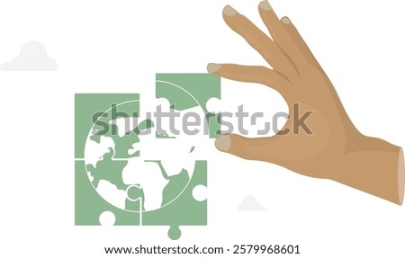 Hand Completing Global Puzzle Piece Environmental Concept. hand placing the final piece of an Earth puzzle. Global unity and environmental solutions. Solve global problems of the earth. Vector