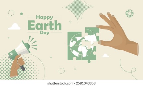 Hand completing a puzzle of the Earth. Environmental responsibility, sustainability, and the role of individuals in global conservation. Happy earth day banner. Flat style. Vector illustration.