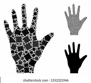 Hand composition of rugged parts in various sizes and shades, based on hand icon. Vector rugged parts are grouped into illustration. Hand icons collage with dotted pattern.