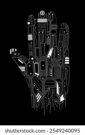 Hand computer board. Circuit board and microscheme. Hardware connection. Modern and futuristic technology and innovation. Template and layout. Linear vector illustration isolated on black background