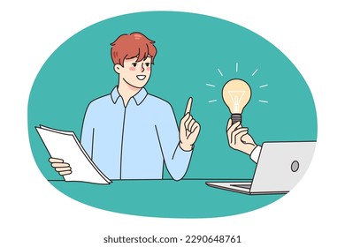 Hand from computer hold lightbulb offer innovative business idea to excited businessman. Young male employee get help from laptop. Innovation and creative thinking. Vector illustration.