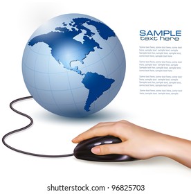 Hand with computer mouse and globe. Vector illustration.