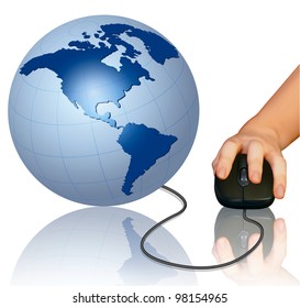 Hand with computer mouse and globe. Vector illustration.