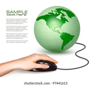 Hand with computer mouse and green globe. Vector illustration.