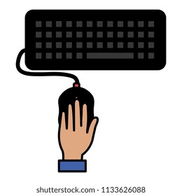 hand with computer mouse and keyboard