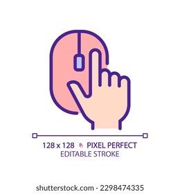 Hand with computer mouse pixel perfect RGB color icon. Computer controller device. User clicking PC accessory. Isolated vector illustration. Simple filled line drawing. Editable stroke