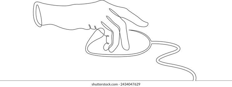 Mano con un ratón de ordenador. Computadoras. Ratón de ordenador. La mano de una persona que trabaja en una computadora. Hacer clic en un botón de un mouse.Una línea continua . Línea de arte. Línea simple mínima. Fondo blanco