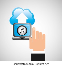hand computer player upload cloud music note vector illustration eps 10