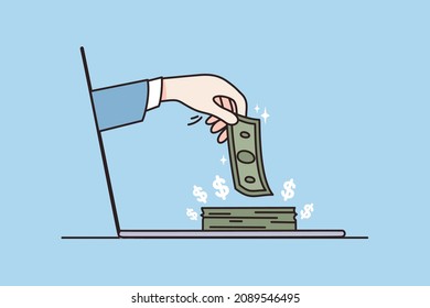 La mano de la computadora puso dinero en la pila. Ingresos pasivos o beneficios en línea. Trabajando en internet, freelance en casa. Inversión exitosa, obteniendo dividendos. Finanzas y capital. Ilustración vectorial. 