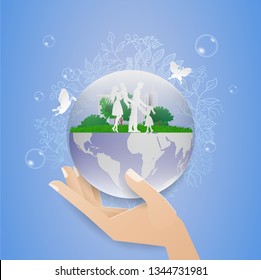 hand concept save water, nature and wolrd with familly. families day.