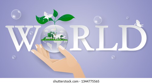 Hand Concept Save Water, Nature And Wolrd With Animal. Environment Day.world.