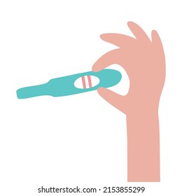 The hand conducts a pregnancy test with a positive result in the form of two lines. Child planning, motherhood and health concepts. Flat vector illustration for a poster with text.