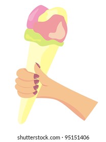 hand with a cone with ice cream, vector illustration