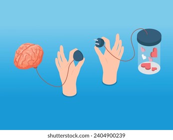 Hand connecting brain and heart interactions isometric 3d vector concept