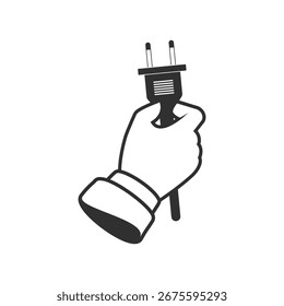 Mão com plugue elétrico de ligação. Conceito de eletricidade. Ilustração em estilo plano.