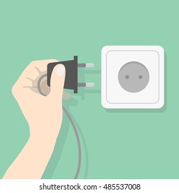 Hand connecting electrical plug. Man holding electric power plug. Electricity concept vector illustration