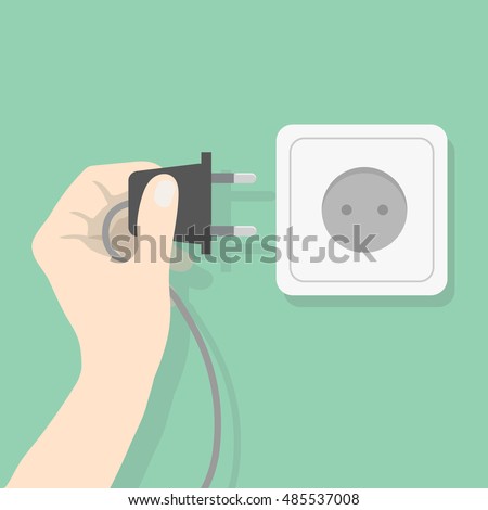 Hand connecting electrical plug. Man holding electric power plug. Electricity concept vector illustration