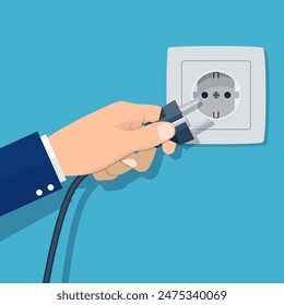 Hand connecting electrical plug. Vector illustration in flat design. Connecting power plug. Electricity concept