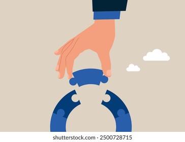 Hand connecting jigsaw puzzle bridge. Thinking to solve business problem, business connection concept. Flat vector illustration