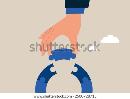 Hand connecting jigsaw puzzle bridge. Thinking to solve business problem, business connection concept. Flat vector illustration