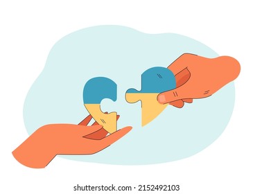 Hand connecting parts of heart in colors of Ukrainian flag. People supporting each other, protesting against war flat vector illustration. Hope concept for banner, website design or landing web page
