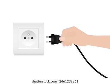 Enchufe de conexión manual en el zócalo eléctrico. Guardar Concepto de energía y electricidad. Ilustración vectorial. 