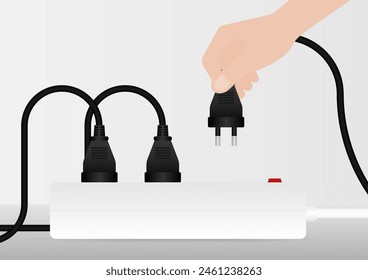 Enchufe de conexión manual en el zócalo eléctrico. Guardar Concepto de energía y electricidad. Ilustración vectorial. 