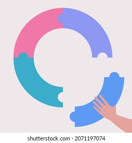 La mano conecta piezas de rompecabezas. Ilustración vectorial en un estilo plano