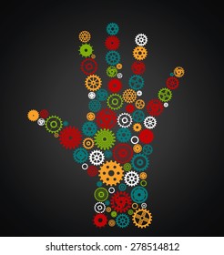 hand consisting of gears multi color on a black background.