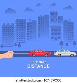 The hand constraining car speed symbolizes increase in distance between vehicles, reduction of speed. The concept of safety and fail-safety on roads, observance of traffic regulations. Vector