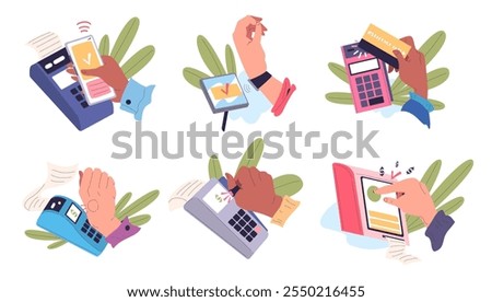 Hand contactless payments. Cashless wireless pos terminal paying processing smart watches cash credit card qr code scan mobile device, ringing purchase classy vector illustration original artwork