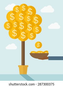 Una mano con un contenedor atrapa una moneda de un dólar de un árbol de dinero. Un estilo contemporáneo con una paleta pastel y un fondo suave de tonos azules con nubes desaturadas. Ilustración de diseño plana vectorial. Vertical
