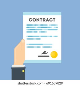Hand with contract, sign and stamp. Paper of agreement.