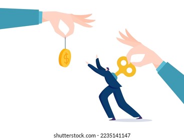 Hand control business man, vector illustration, manager manipulation at tiny worker with wind-up mechanism, puppet doll wanna get golden coin