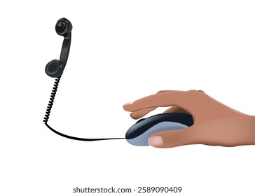 Hand controlling computer mouse connected to telephone receiver, representing voip technology and online communication