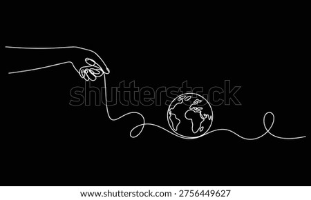 Hand controlling earth with thread conceptual line art