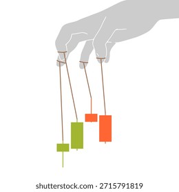 Mano controlando un candelabro japonés con cuerdas como una marioneta, simbolizando la manipulación del mercado, el crecimiento controlado, la influencia empresarial, el control financiero y la gestión del éxito.