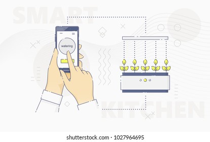 Hand controlling mini garden with smartphone