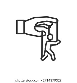 Hand controlling person, linear icon. Behavioral influence and manipulation. Line with editable stroke.