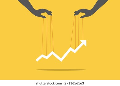 Hand controlling an upward arrow with strings like a puppet, symbolizing market manipulation, controlled growth, business influence, financial control, and success management