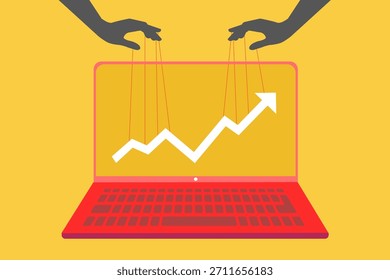Mão controlando uma seta para cima com cordas como um fantoche, simbolizando a manipulação de mercado, o crescimento controlado, influência de negócios, controle financeiro e gestão de sucesso