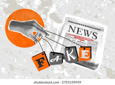 Hand controlling word FAKE like puppet in media manipulation collage. Concept of journalism control, freedom of press, propaganda, fake narratives, and power over public opinion.