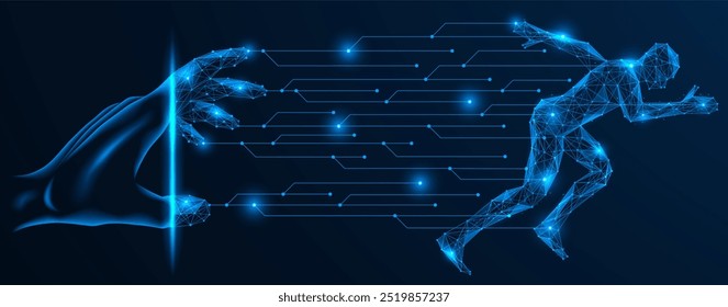 Hand controls the running man. Polygonal design of lines and dots. Blue background.