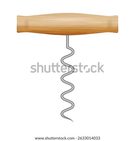 Hand corkscrew with wooden handle. 3D realistic vector illustration isolated on white.