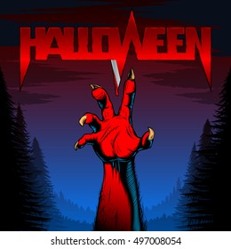 Hand of corpse zombie from grave; Background from night forest and title of the holiday Halloween with blood on the blade; Vector poster Eps8
