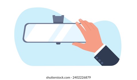 Hand corrects rearview mirror for better view. Automobile glass frame on windshield. Arm hold auto accessory. Vehicle back control, reflection, cartoon flat style isolated vector concept svg