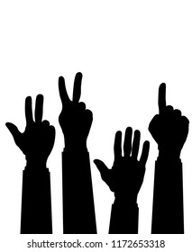 Hand count. Flat finger and number isolated on white background. Vector set of nonverbal sign - fist, victory, pointing up. One, two, three, five hand character.