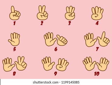 Hand count. Flat finger and number. One, two, three, four, five.six,seven,eight,nine,ten